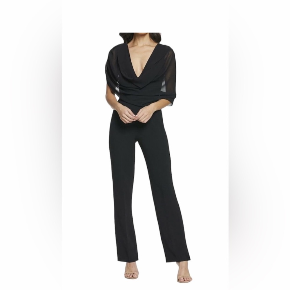 Dress The Population Black Robbie Chiffon Scarf Drape Crepe Pants Jumpsuit 0846